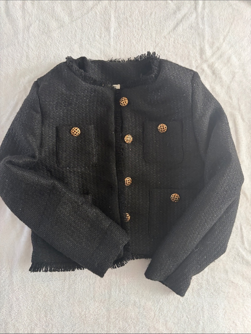 Sunday Black Tweed Cropped Jacket with Gold Buttons